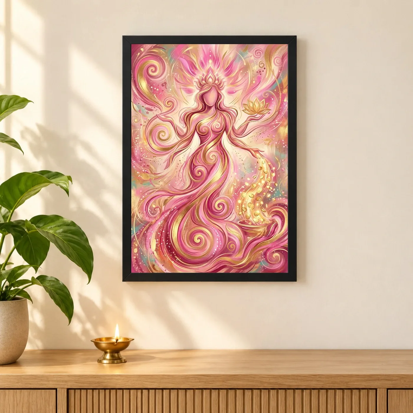 Goddess Lakshmi Abstract Gold Pink Contemporary Spiritual Art Photo Frame, view 3