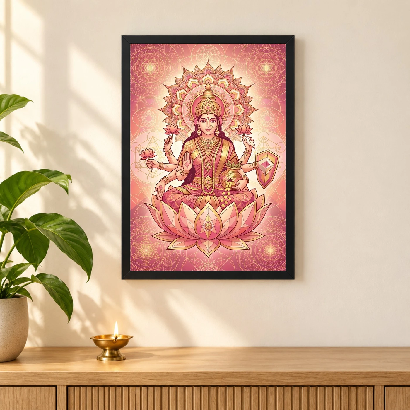 Goddess Lakshmi Geometric Mandala Gold Pink Sacred Art Photo Frame, view 3