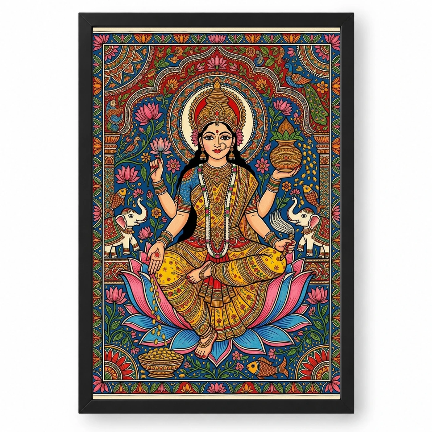Goddess Lakshmi Madhubani Folk Art Bihar Vibrant Painting Photo Frame