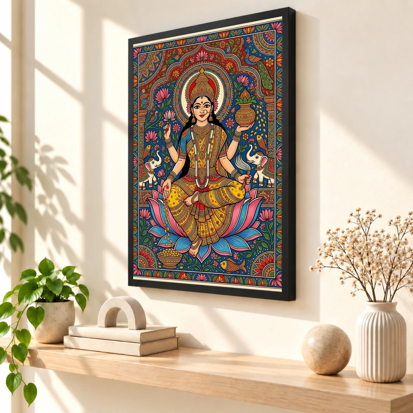Goddess Lakshmi Madhubani Folk Art Bihar Vibrant Painting Photo Frame, view 2