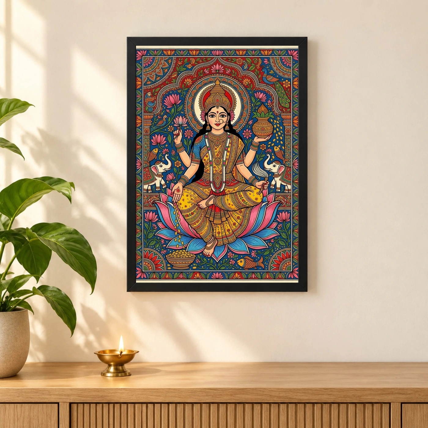 Goddess Lakshmi Madhubani Folk Art Bihar Vibrant Painting Photo Frame, view 3