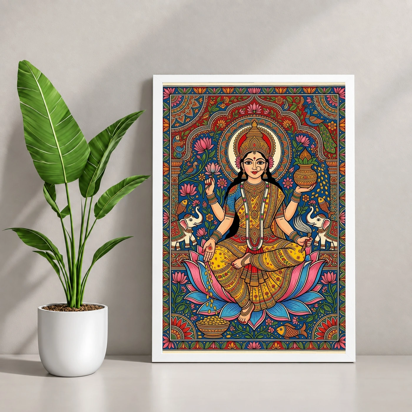Goddess Lakshmi Madhubani Folk Art Bihar Vibrant Painting Photo Frame, view 4