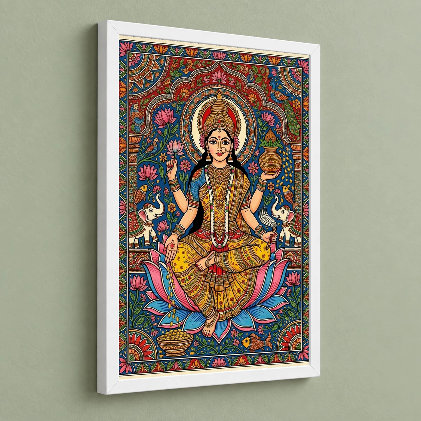 Goddess Lakshmi Madhubani Folk Art Bihar Vibrant Painting Photo Frame, view 5