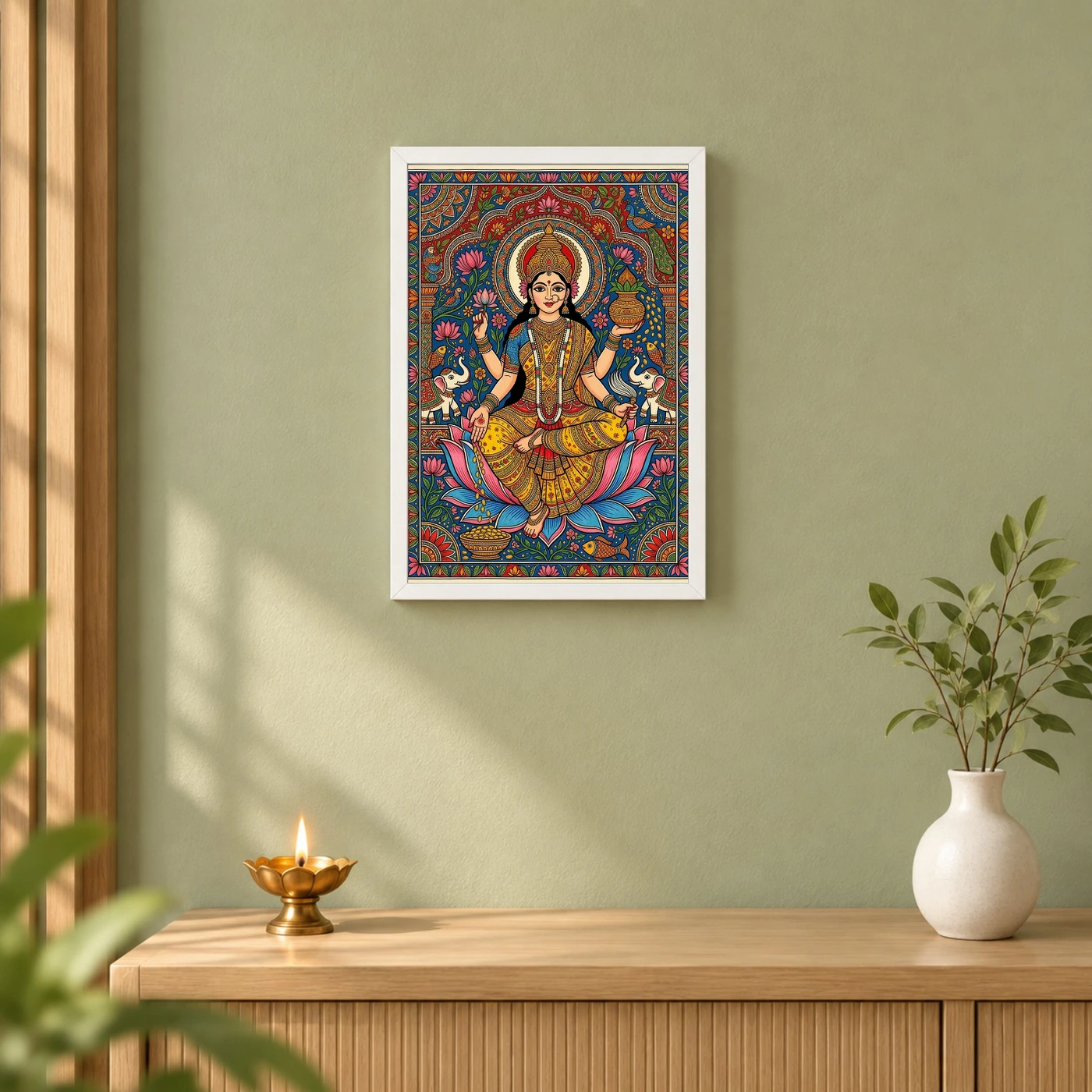 Goddess Lakshmi Madhubani Folk Art Bihar Vibrant Painting Photo Frame, view 6