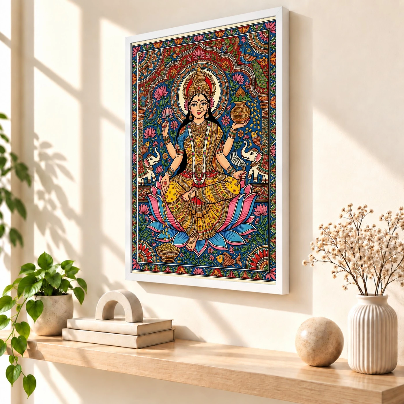 Goddess Lakshmi Madhubani Folk Art Bihar Vibrant Painting Photo Frame, view 7