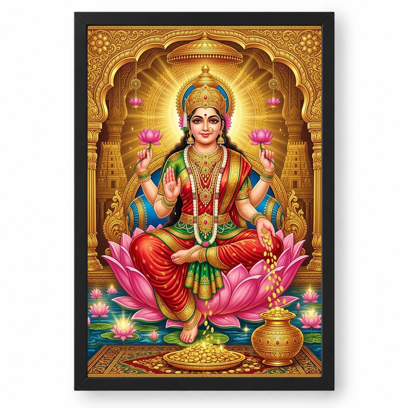 Goddess Lakshmi Tanjore Lotus Throne Gold Coins Divine Art Photo Frame