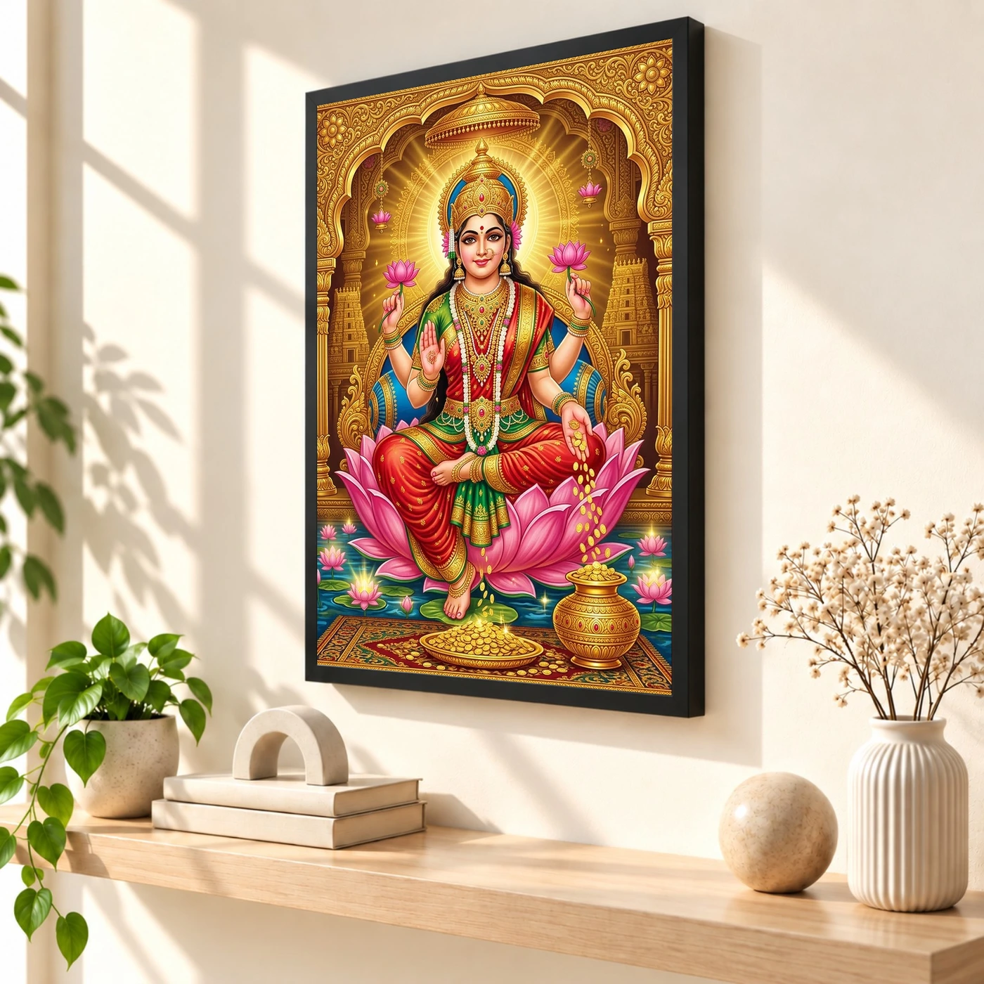 Goddess Lakshmi Tanjore Lotus Throne Gold Coins Divine Art Photo Frame, view 2