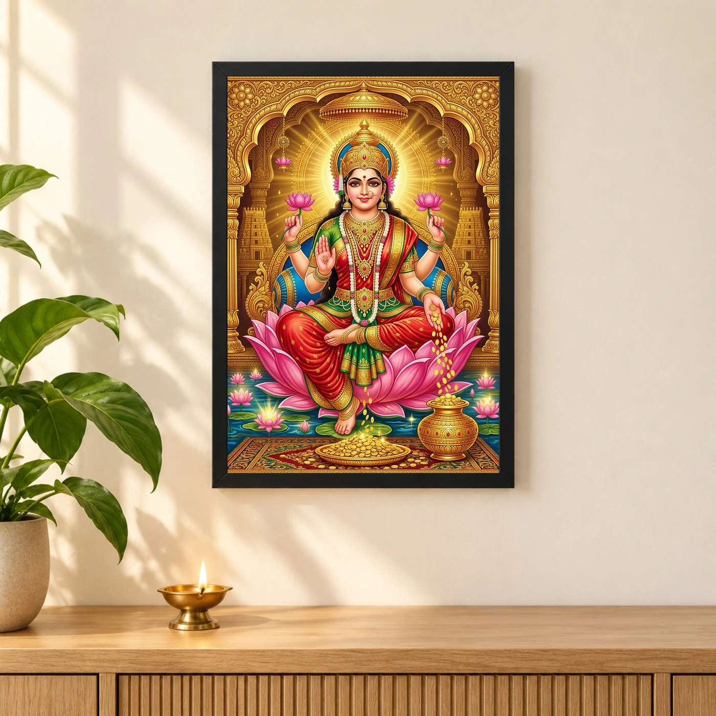 Goddess Lakshmi Tanjore Lotus Throne Gold Coins Divine Art Photo Frame, view 3