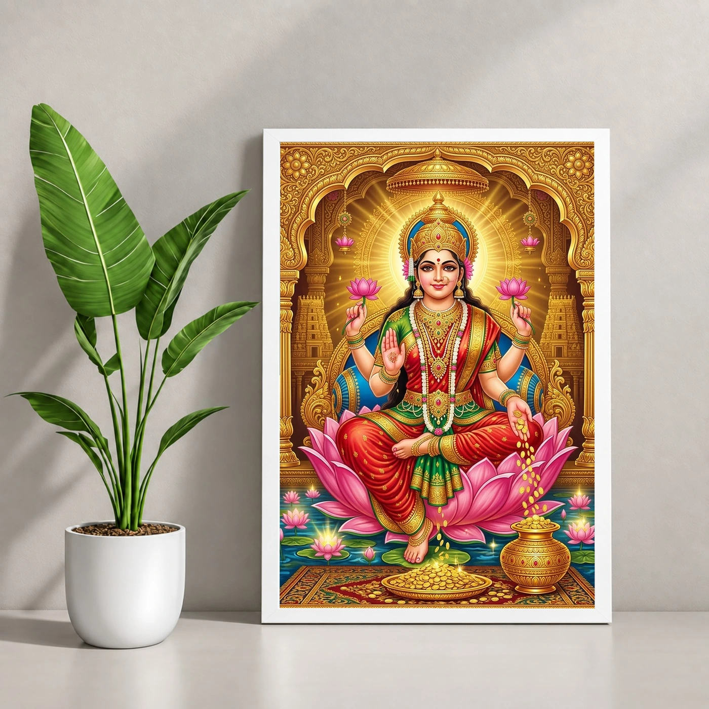 Goddess Lakshmi Tanjore Lotus Throne Gold Coins Divine Art Photo Frame, view 4