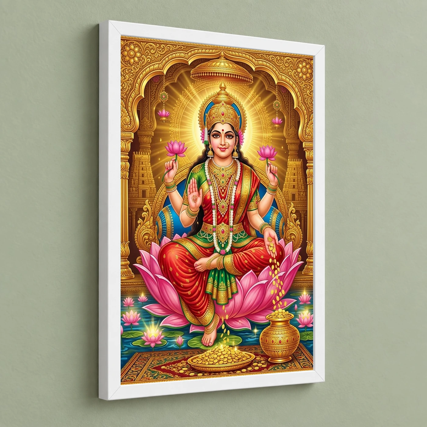 Goddess Lakshmi Tanjore Lotus Throne Gold Coins Divine Art Photo Frame, view 5
