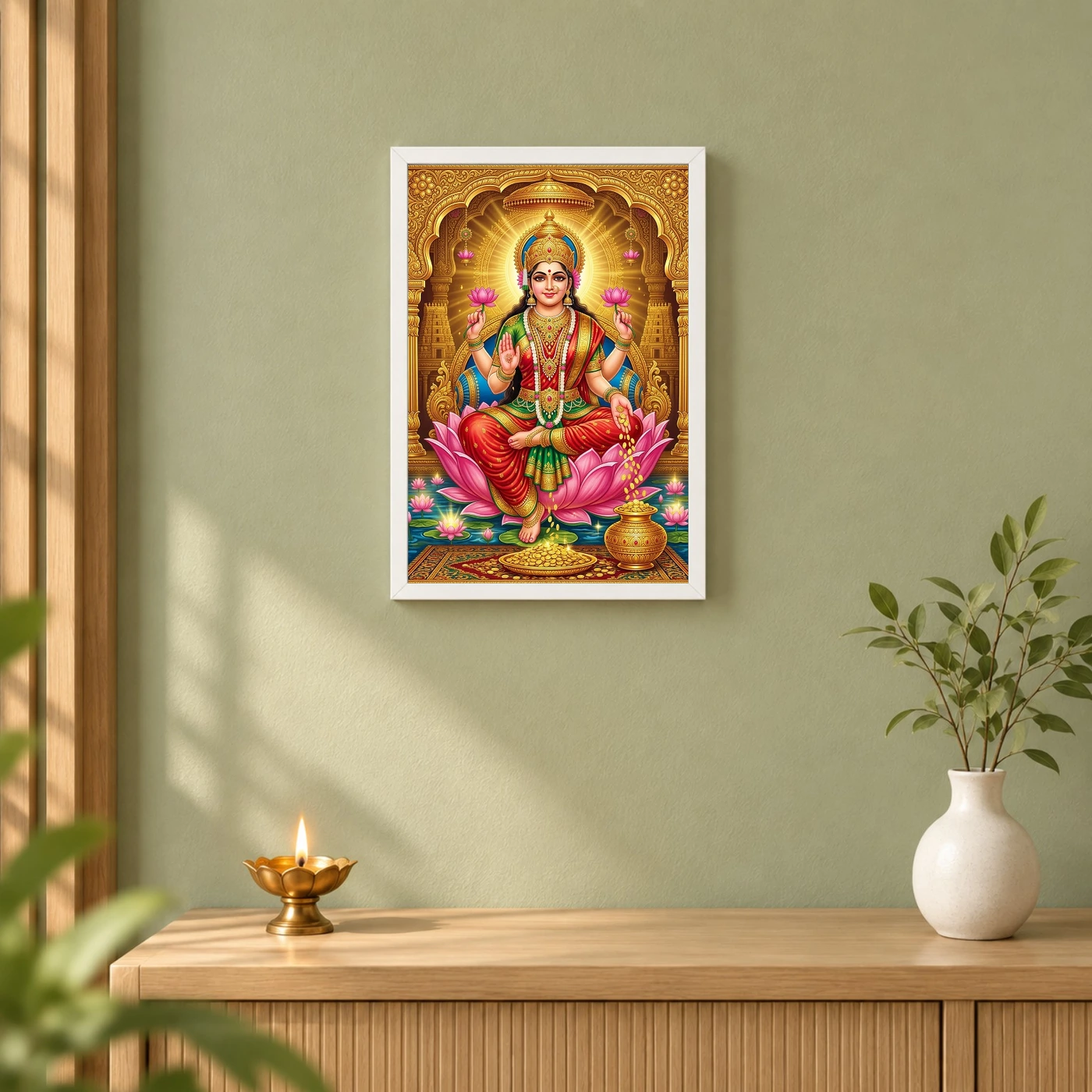 Goddess Lakshmi Tanjore Lotus Throne Gold Coins Divine Art Photo Frame, view 6