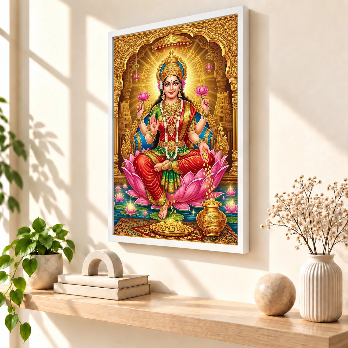 Goddess Lakshmi Tanjore Lotus Throne Gold Coins Divine Art Photo Frame, view 7