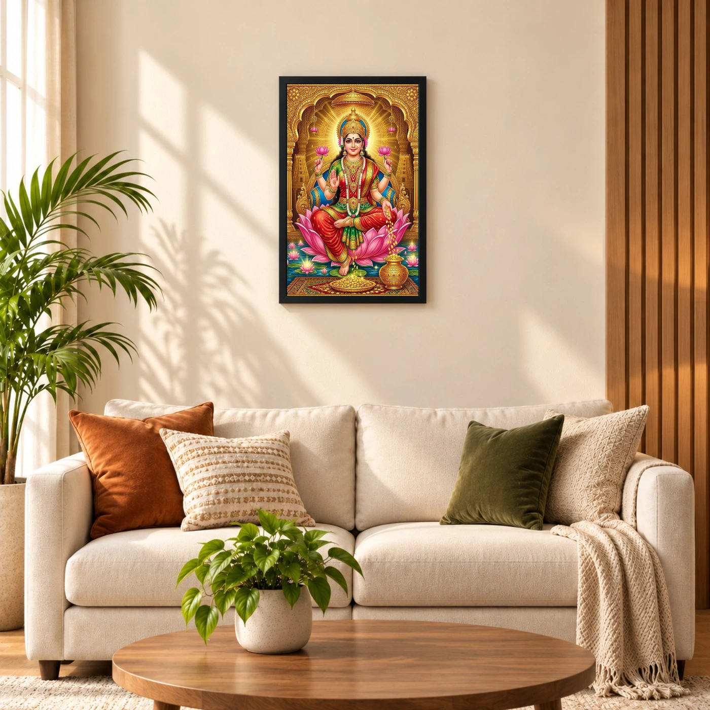 Goddess Lakshmi Tanjore Lotus Throne Gold Coins Divine Art Photo Frame, view 8
