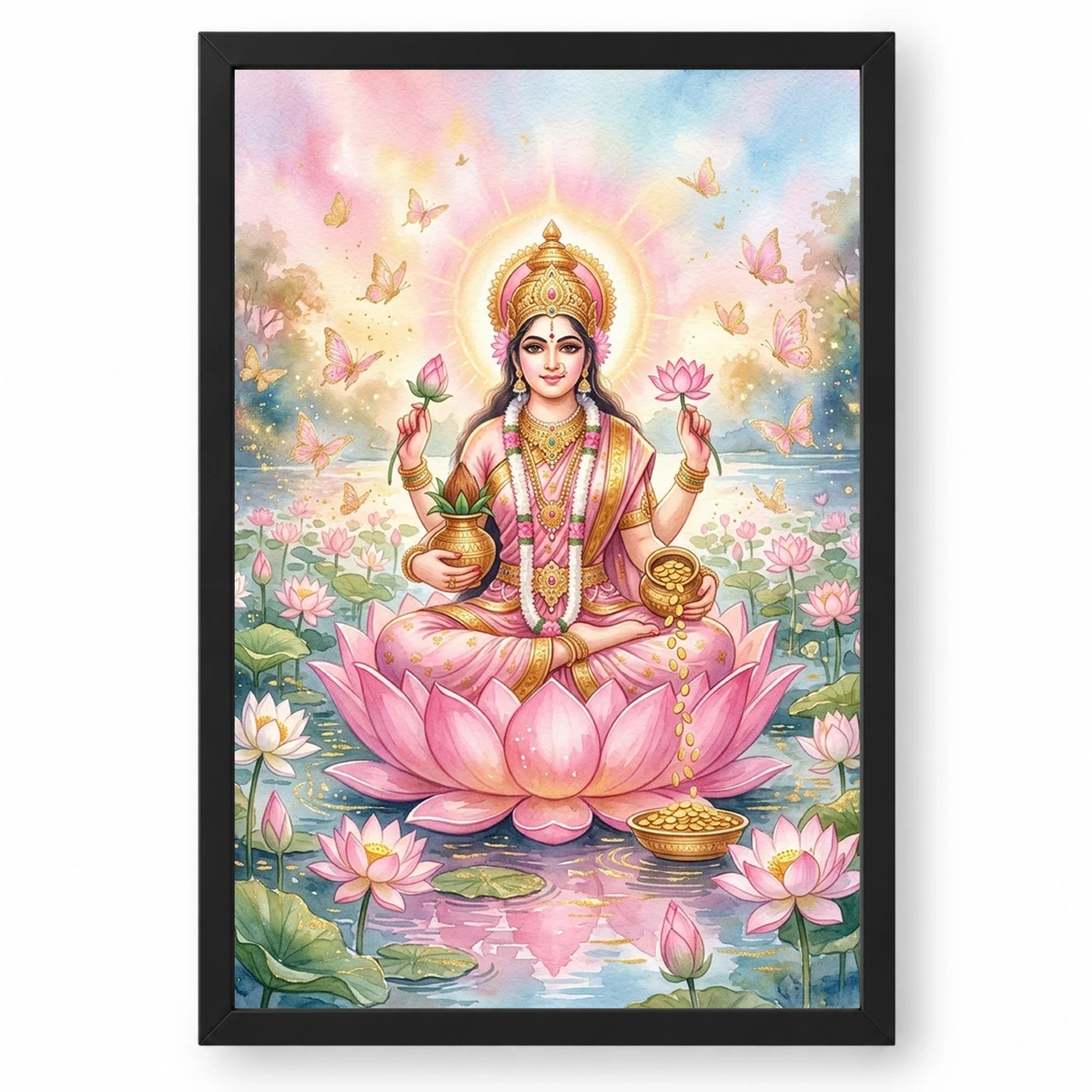Goddess Lakshmi Watercolor Lotus Gold Butterfly Pink Art Photo Frame
