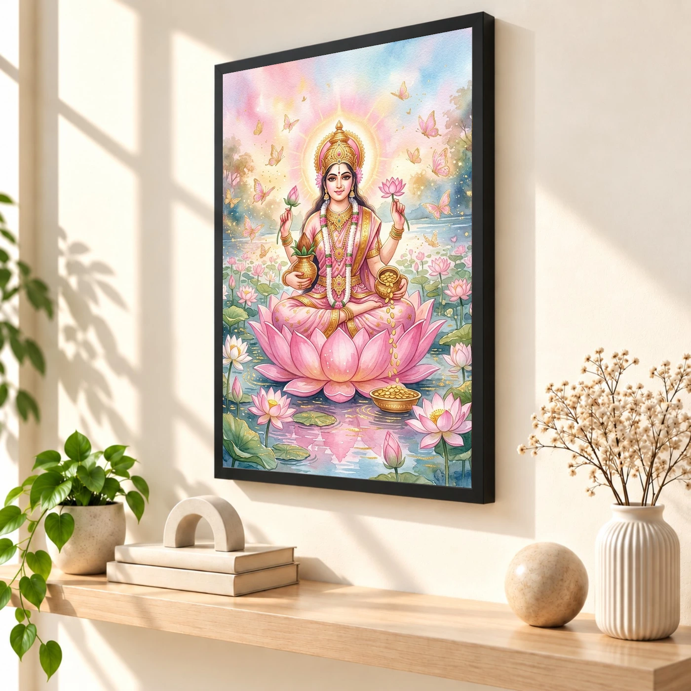 Goddess Lakshmi Watercolor Lotus Gold Butterfly Pink Art Photo Frame, view 2