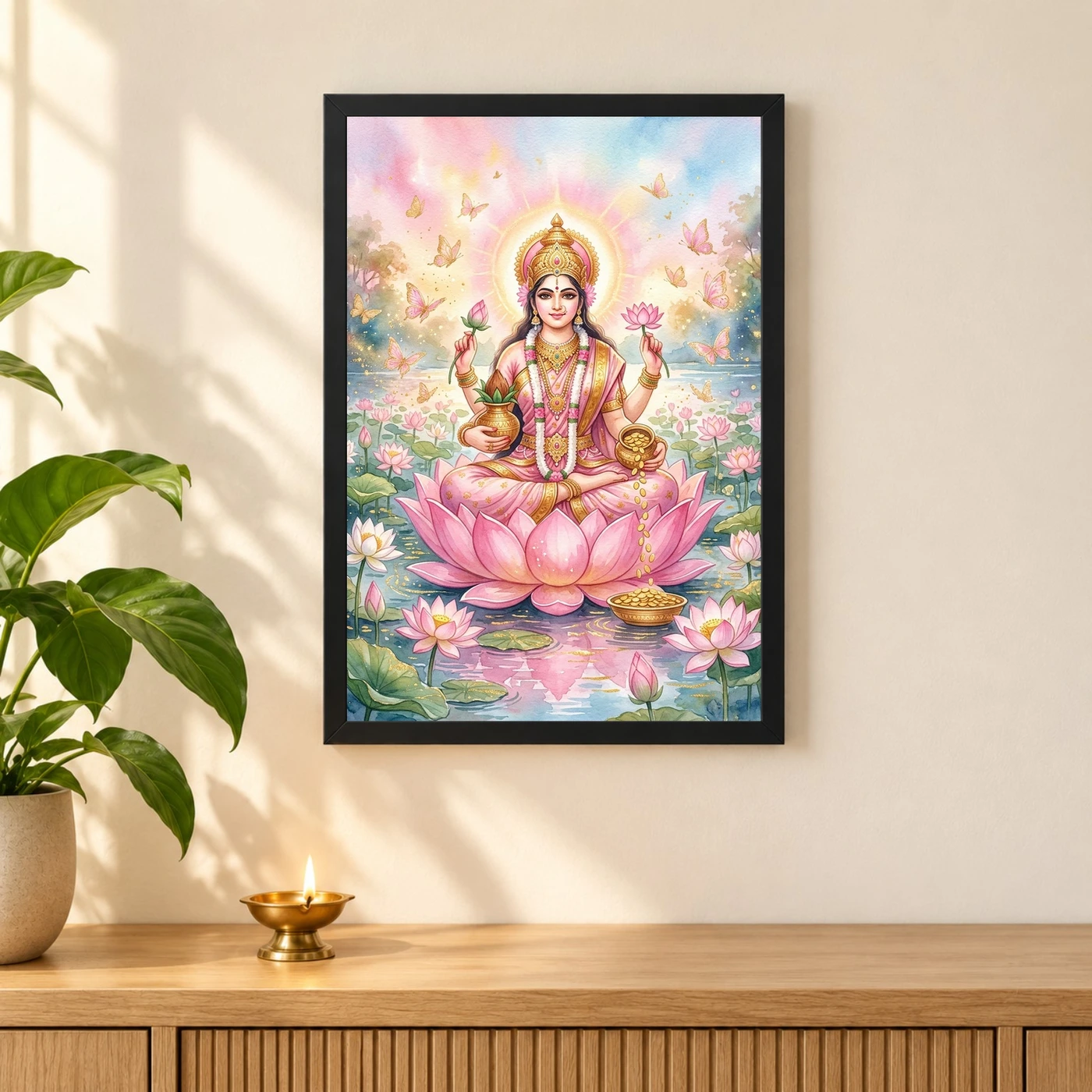 Goddess Lakshmi Watercolor Lotus Gold Butterfly Pink Art Photo Frame, view 3