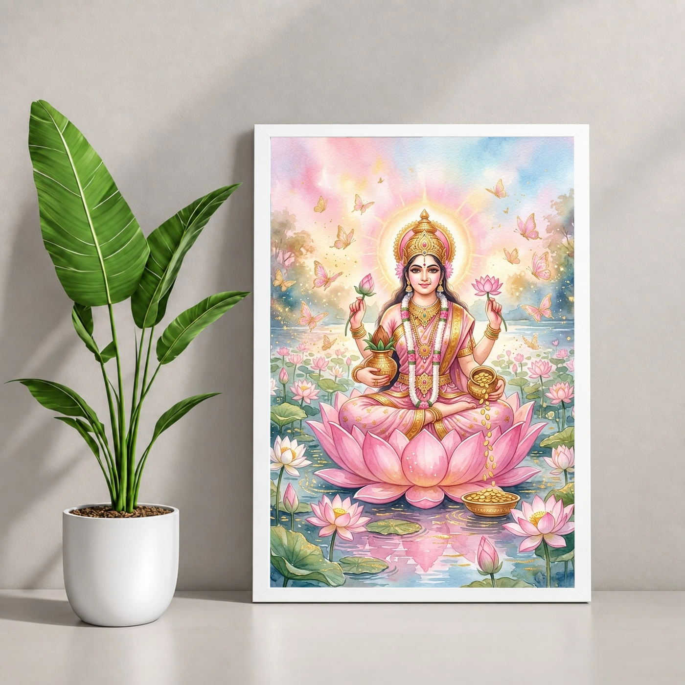 Goddess Lakshmi Watercolor Lotus Gold Butterfly Pink Art Photo Frame, view 4