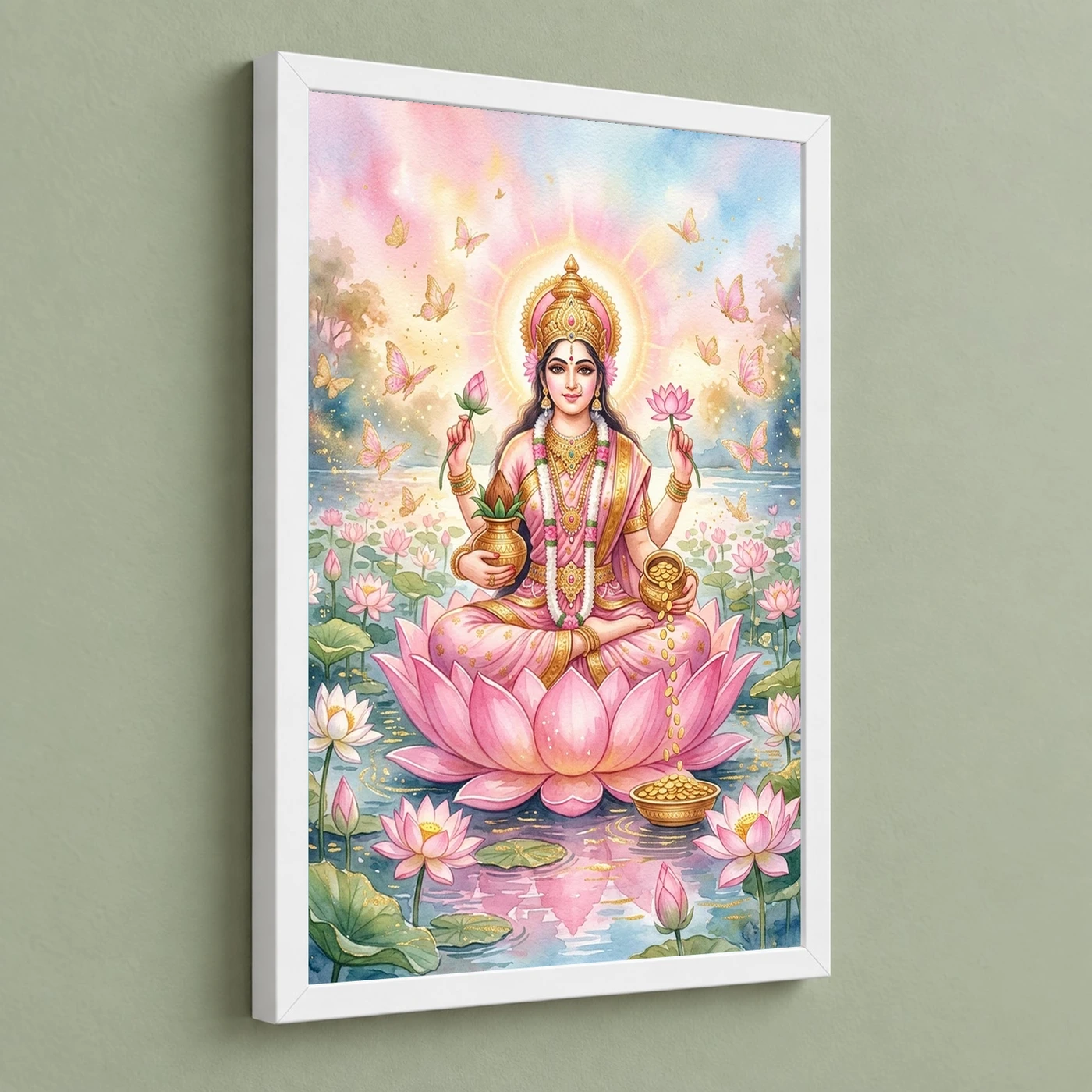 Goddess Lakshmi Watercolor Lotus Gold Butterfly Pink Art Photo Frame, view 5