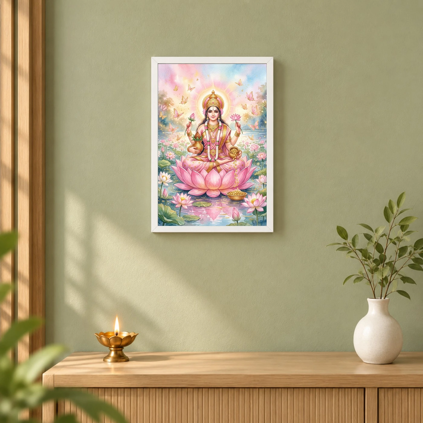 Goddess Lakshmi Watercolor Lotus Gold Butterfly Pink Art Photo Frame, view 6