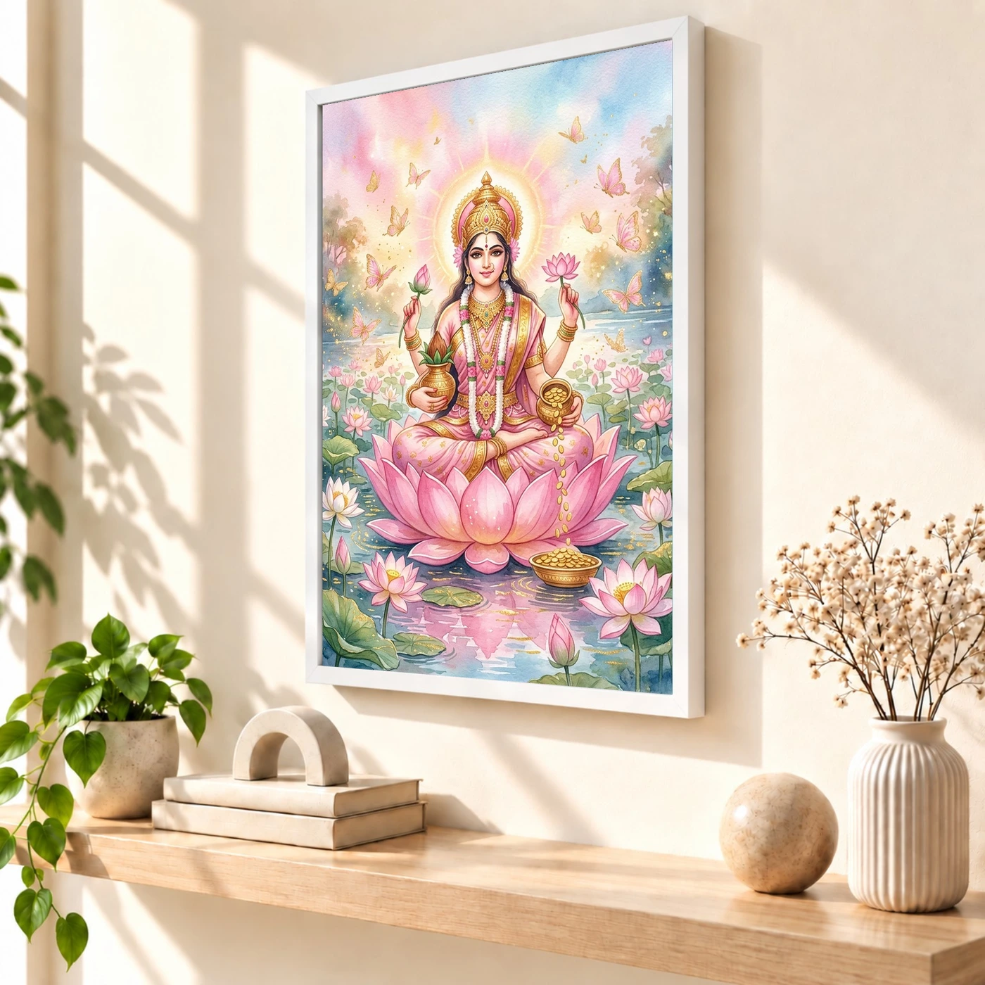 Goddess Lakshmi Watercolor Lotus Gold Butterfly Pink Art Photo Frame, view 7