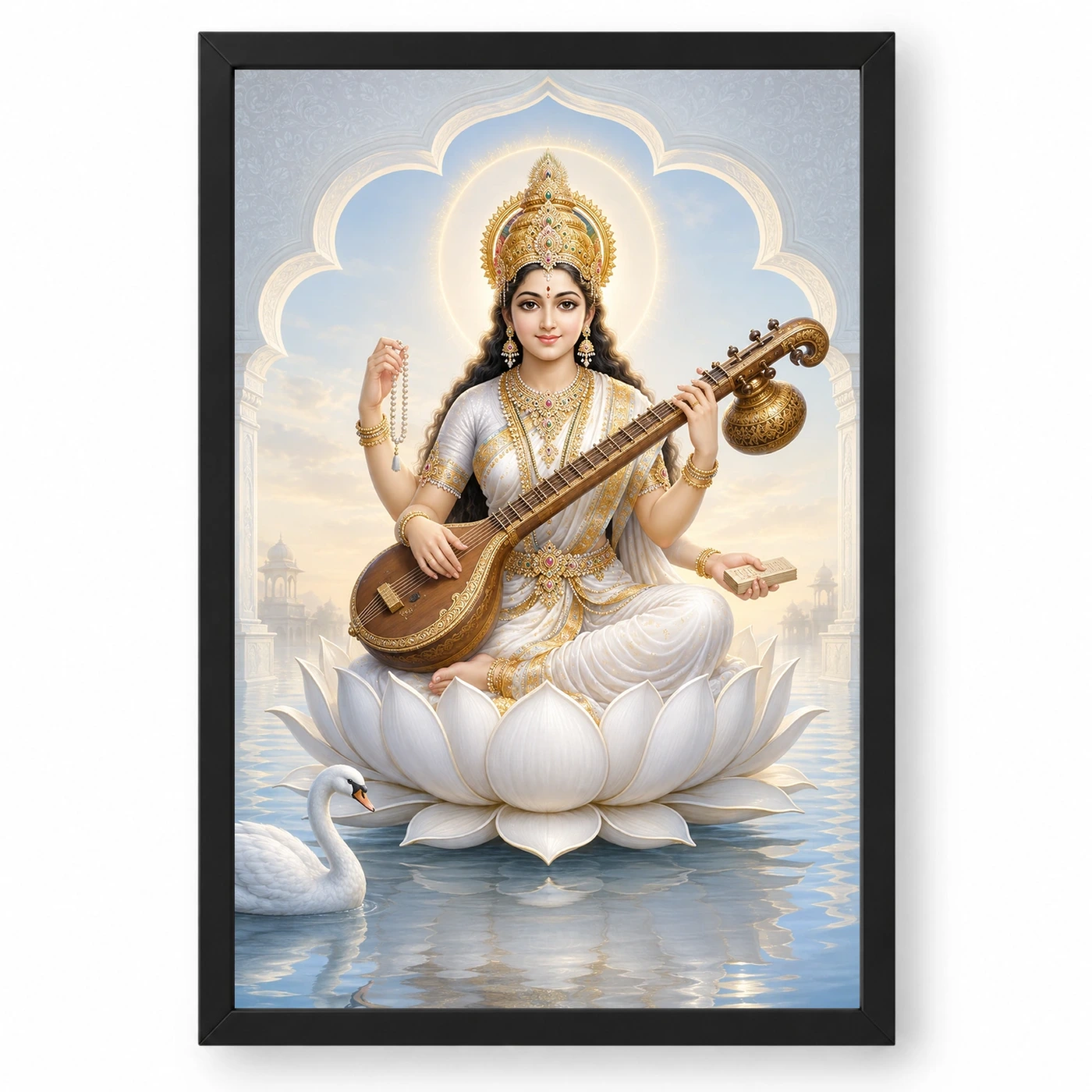 Goddess Saraswati — White Lotus and Swan Frame