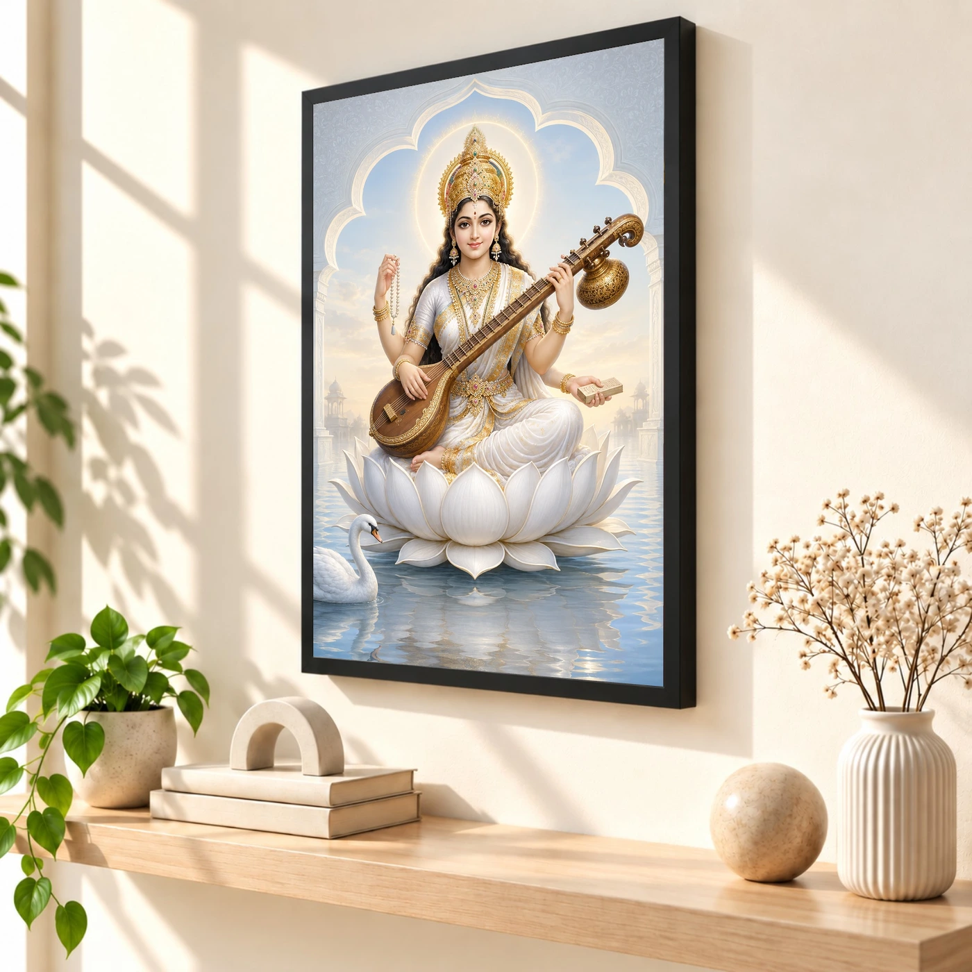 Goddess Saraswati — White Lotus and Swan Frame, view 2