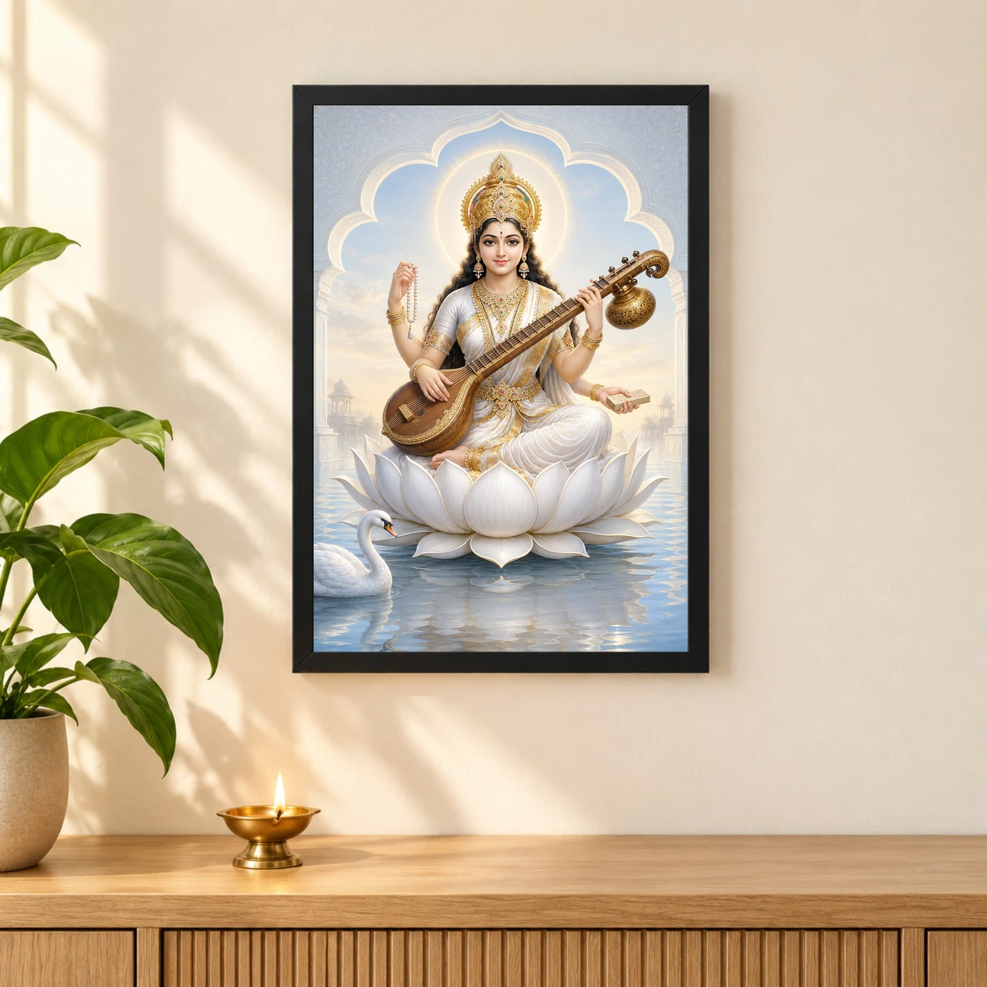 Goddess Saraswati — White Lotus and Swan Frame, view 3