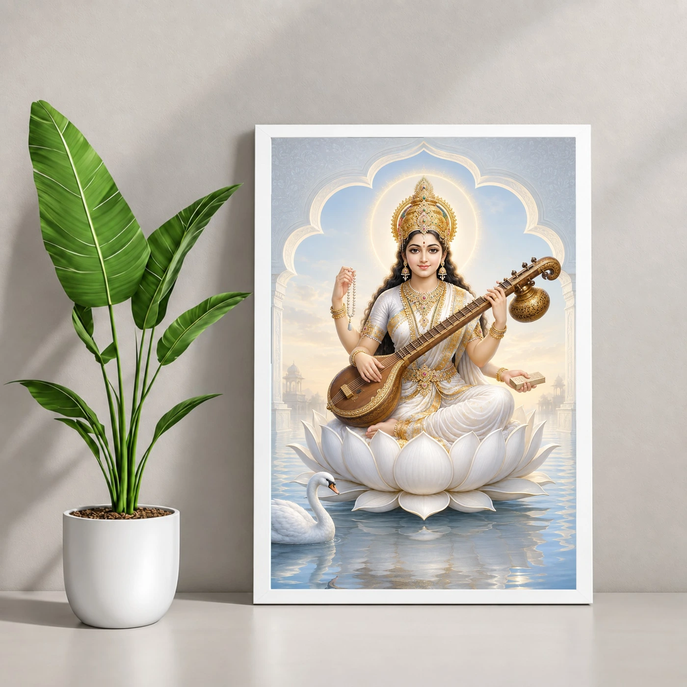 Goddess Saraswati — White Lotus and Swan Frame, view 4