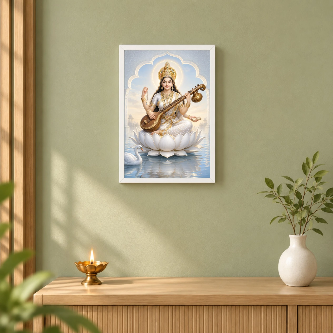 Goddess Saraswati — White Lotus and Swan Frame, view 6