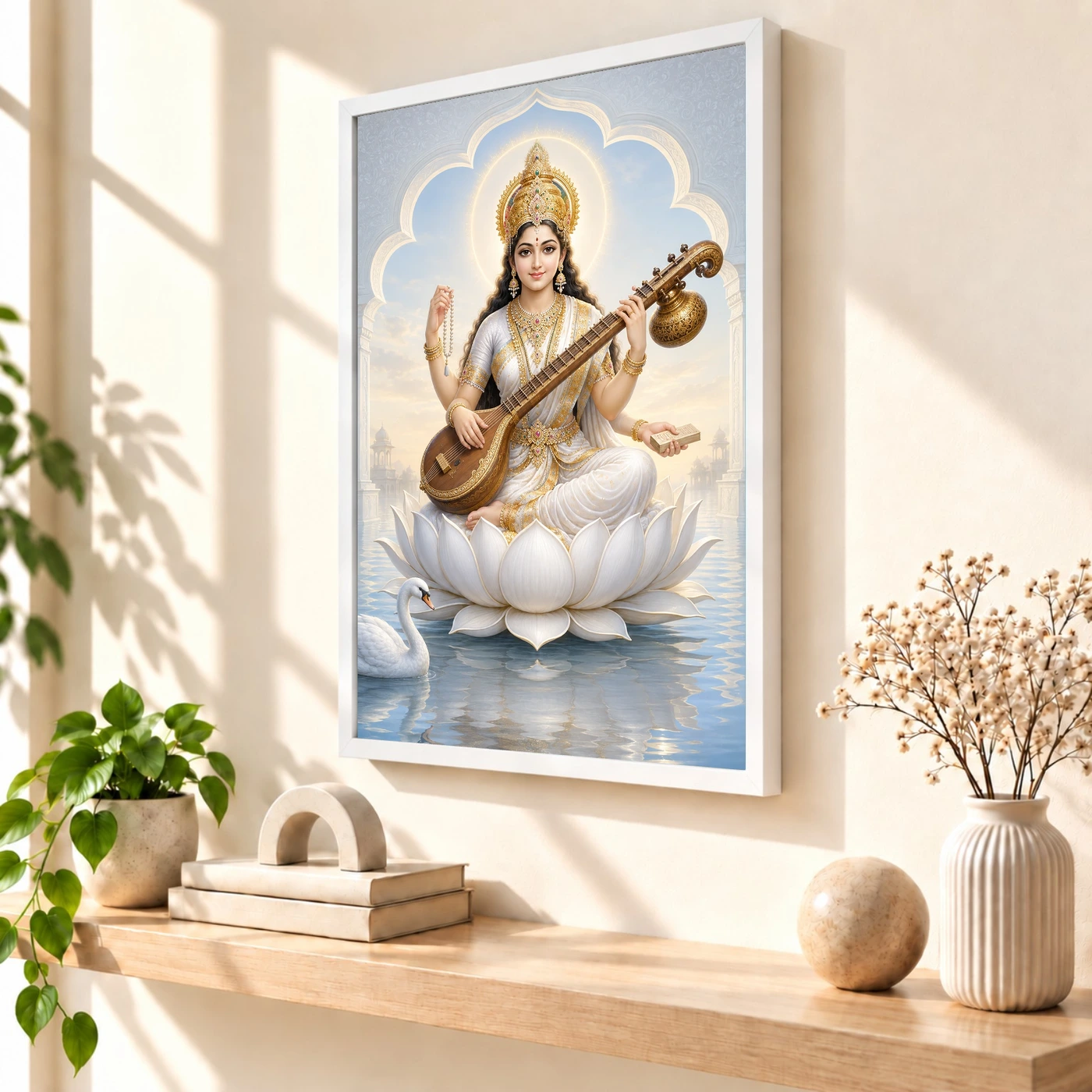 Goddess Saraswati — White Lotus and Swan Frame, view 7