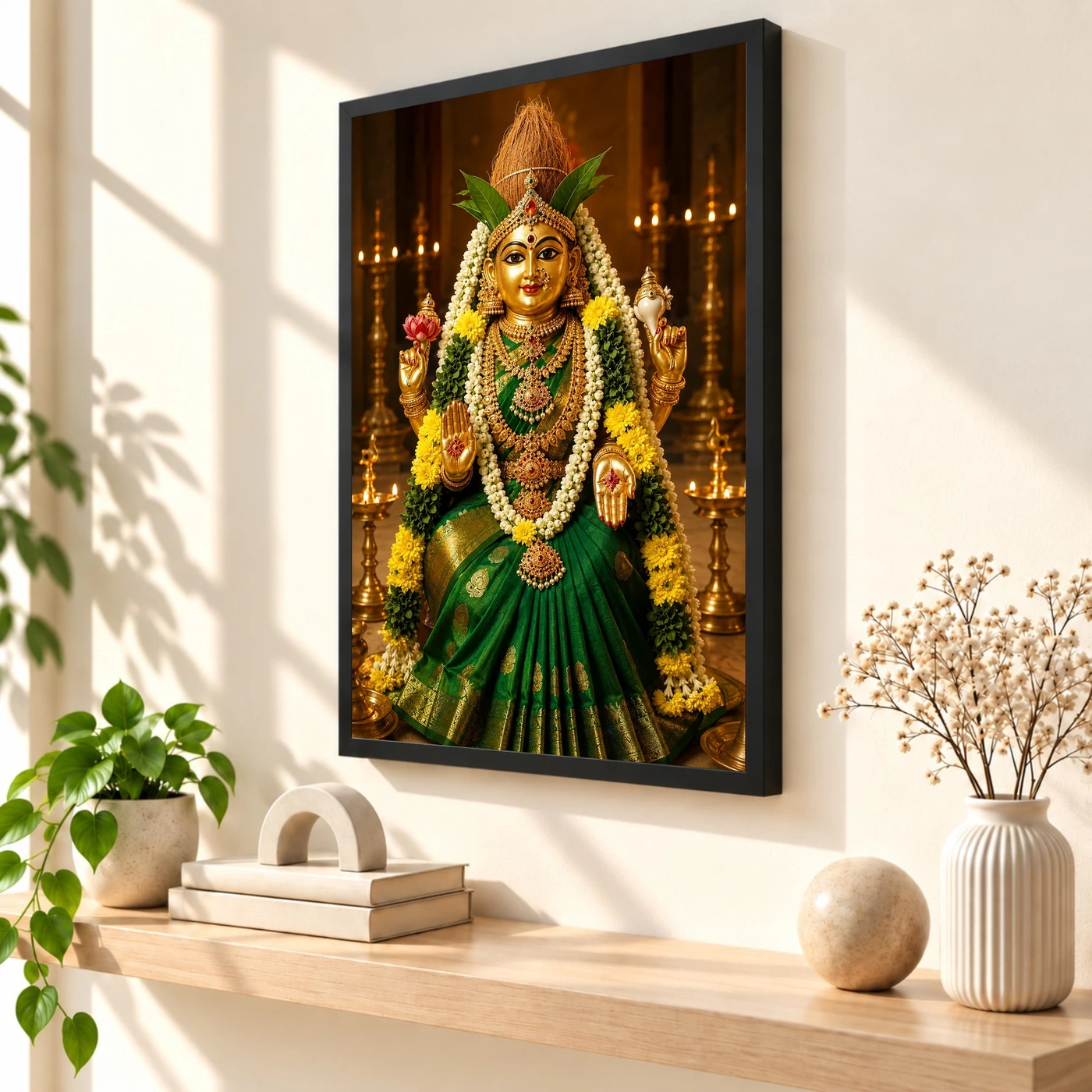 Green Saree Varalakshmi Kalash Photo Frame – Temple Idol Art, view 2