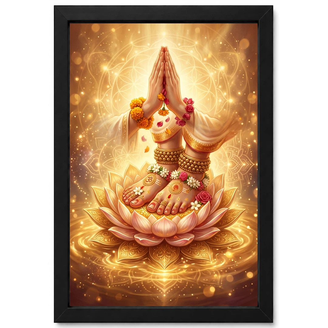 Guru Mantra Lotus Feet Sacred Teacher Golden Devotional Art Photo Frame