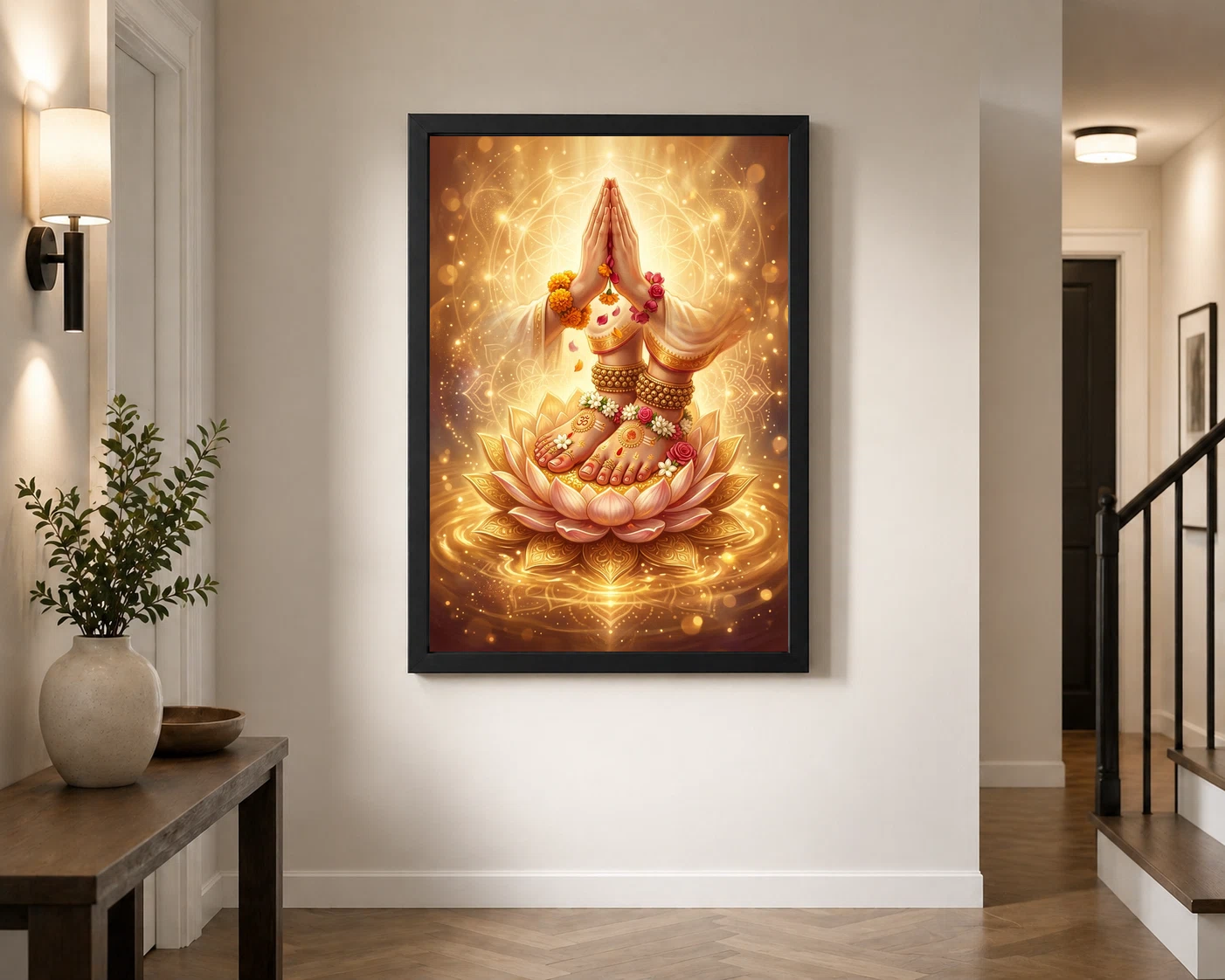 Guru Mantra Lotus Feet Sacred Teacher Golden Devotional Art Photo Frame, view 3