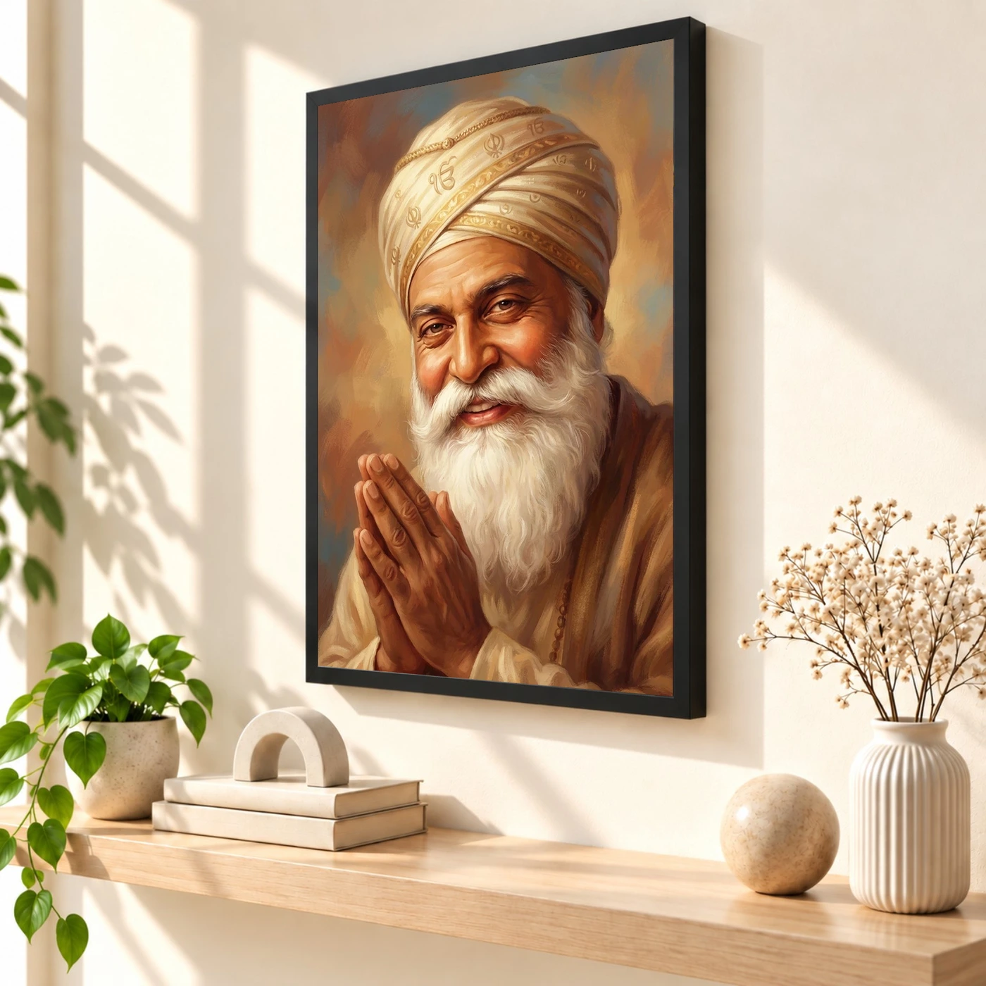 Guru Nanak Close Portrait Divine Turban Kind Eyes Art Photo Frame, view 2