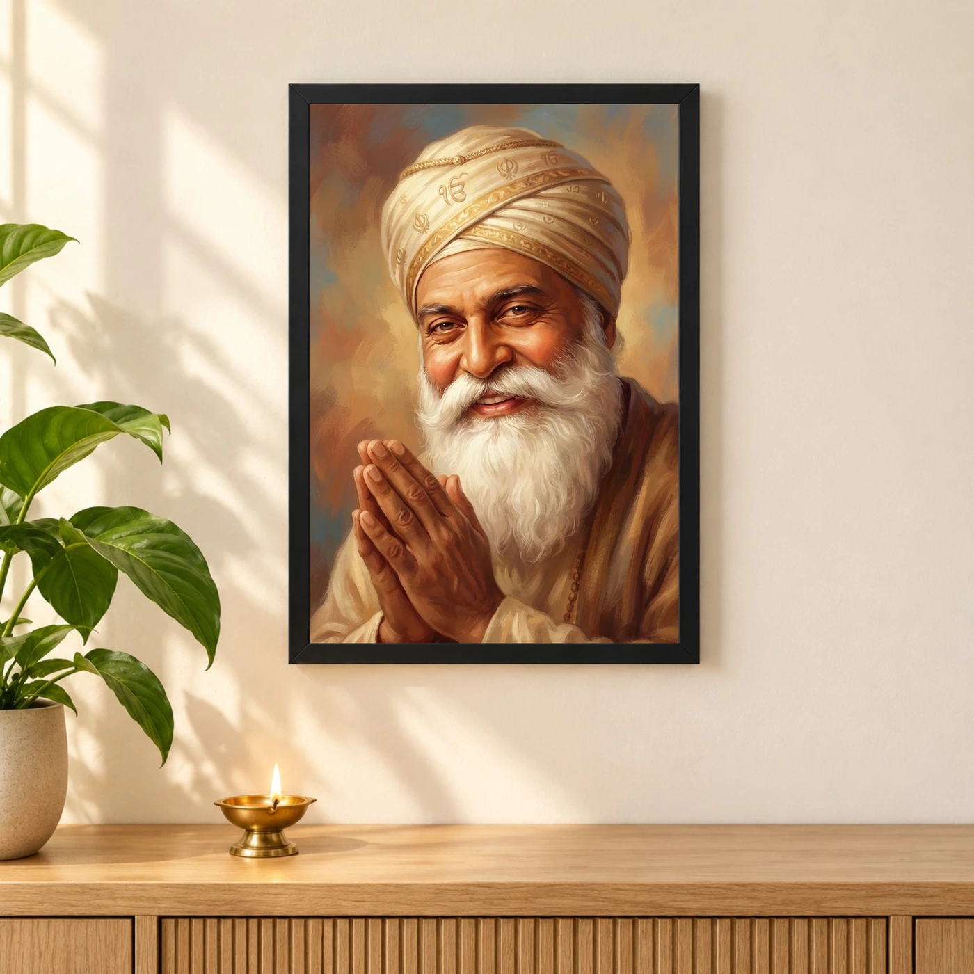 Guru Nanak Close Portrait Divine Turban Kind Eyes Art Photo Frame, view 3