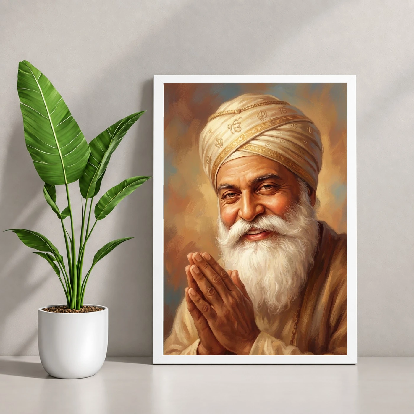 Guru Nanak Close Portrait Divine Turban Kind Eyes Art Photo Frame, view 4