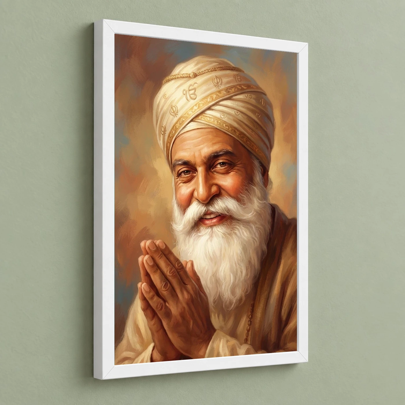 Guru Nanak Close Portrait Divine Turban Kind Eyes Art Photo Frame, view 5