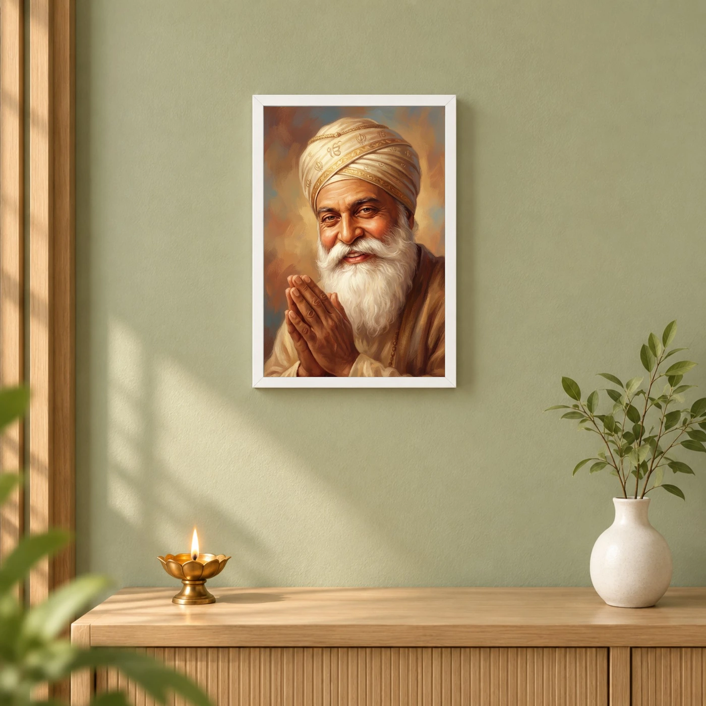 Guru Nanak Close Portrait Divine Turban Kind Eyes Art Photo Frame, view 6