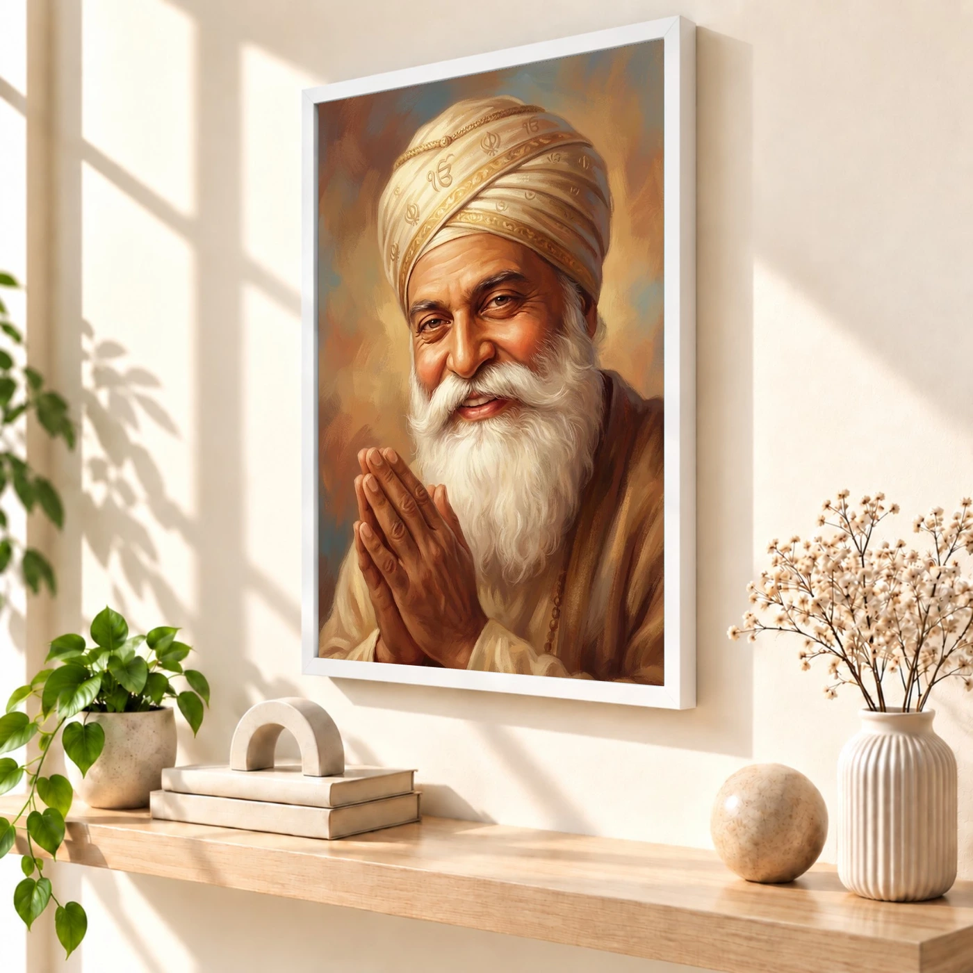 Guru Nanak Close Portrait Divine Turban Kind Eyes Art Photo Frame, view 7