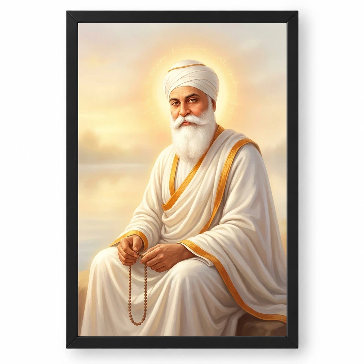 Guru Nanak Dev Ji Divine Portrait White Robes Sikh Art Photo Frame