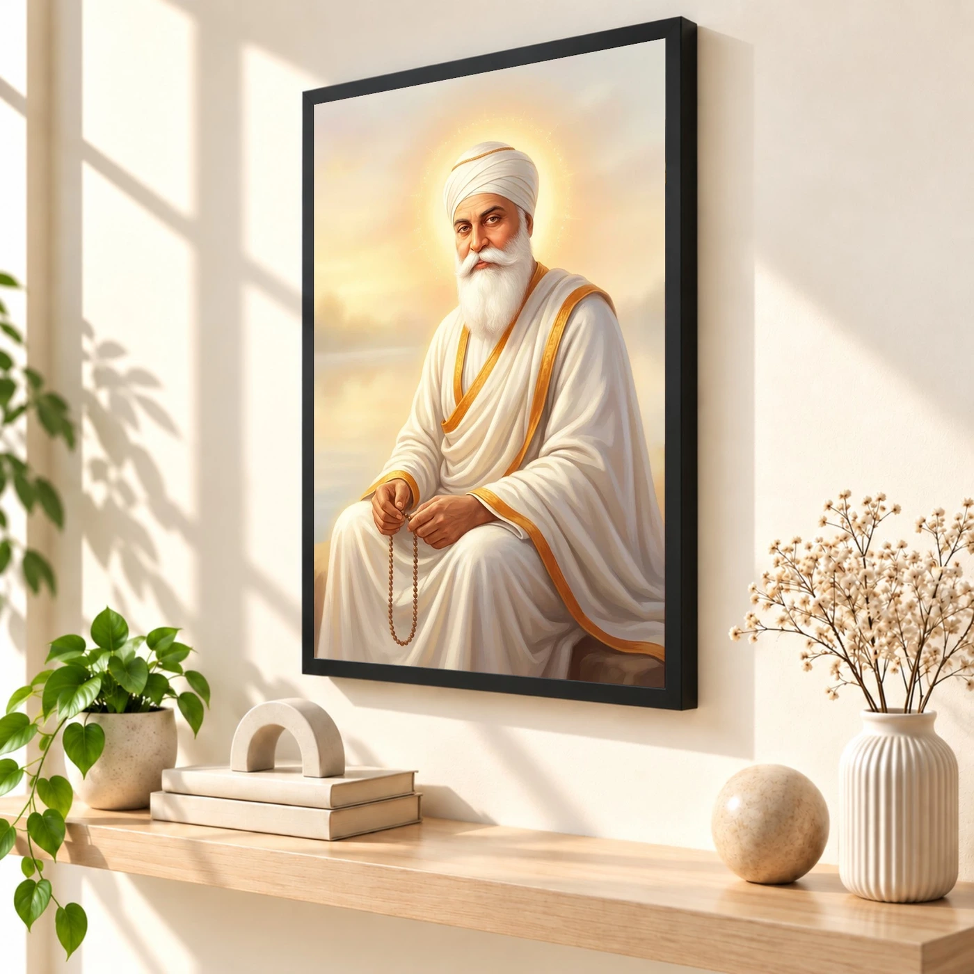 Guru Nanak Dev Ji Divine Portrait White Robes Sikh Art Photo Frame, view 2