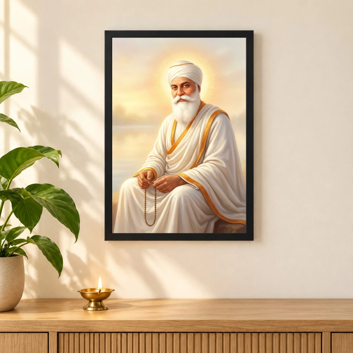 Guru Nanak Dev Ji Divine Portrait White Robes Sikh Art Photo Frame, view 3