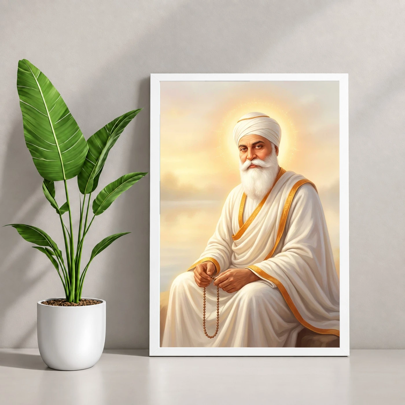 Guru Nanak Dev Ji Divine Portrait White Robes Sikh Art Photo Frame, view 4