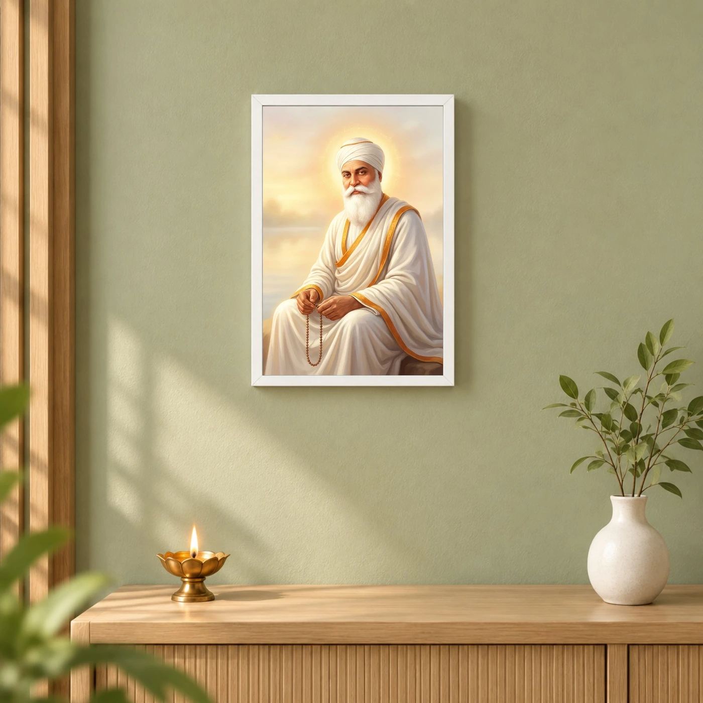 Guru Nanak Dev Ji Divine Portrait White Robes Sikh Art Photo Frame, view 6