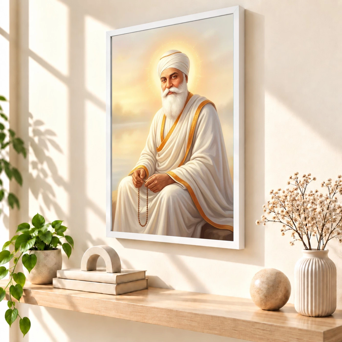 Guru Nanak Dev Ji Divine Portrait White Robes Sikh Art Photo Frame, view 7