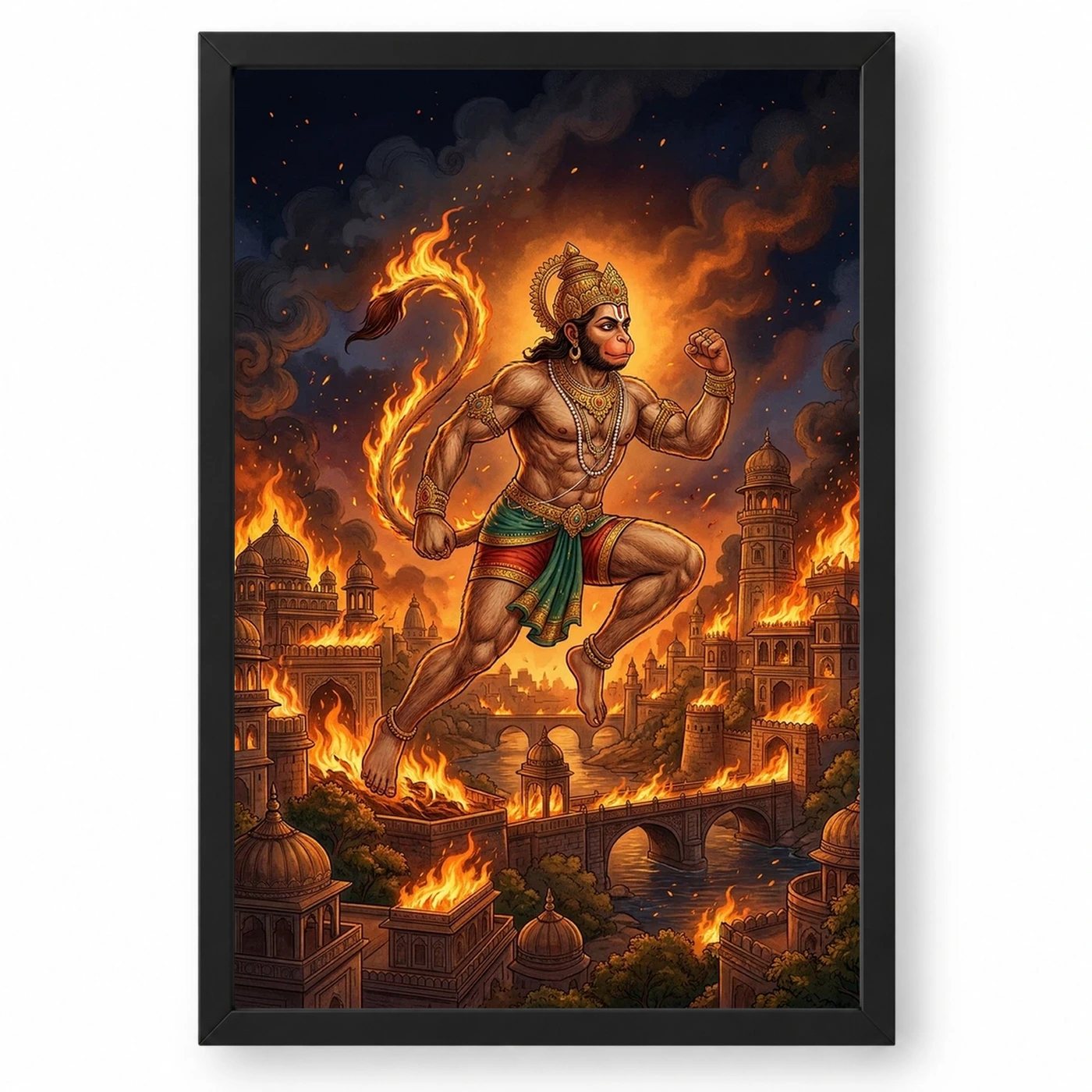 Hanuman Burning Lanka Fire Night Ramayana Epic Art Photo Frame