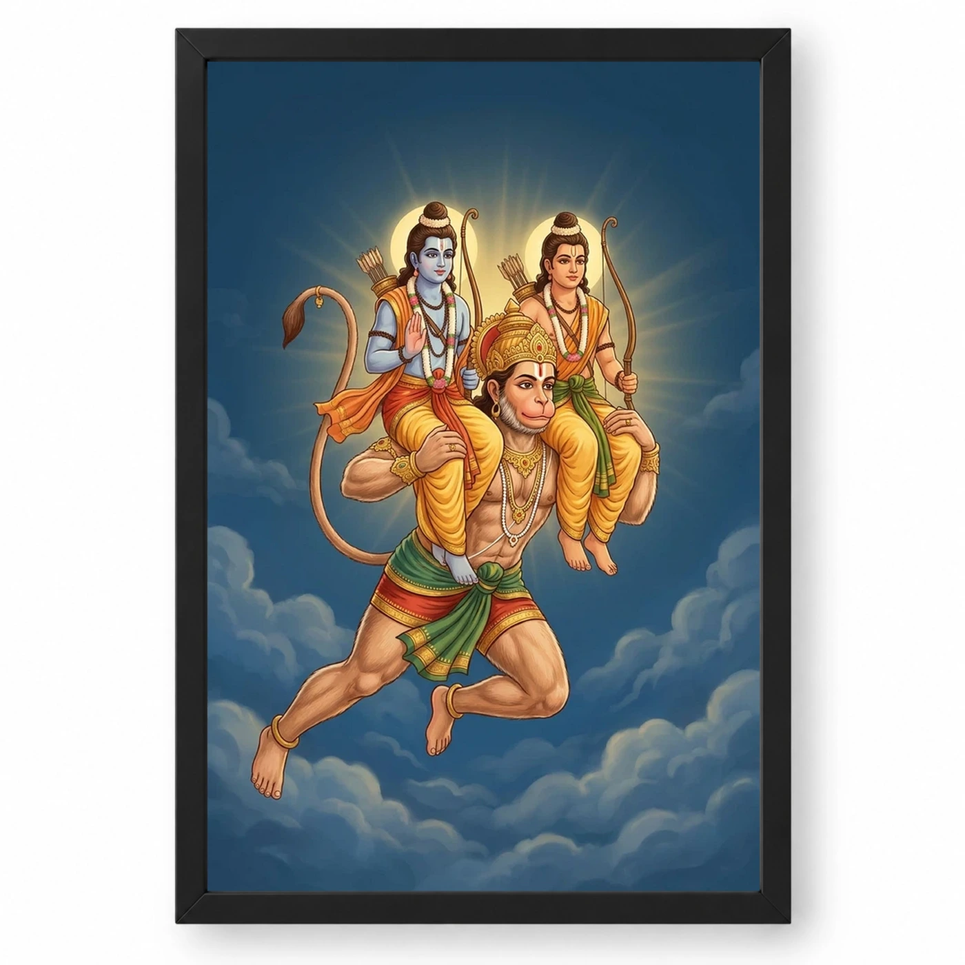 Hanuman Carrying Ram Laxman Flying Blue Sky Devotional Art Photo Frame