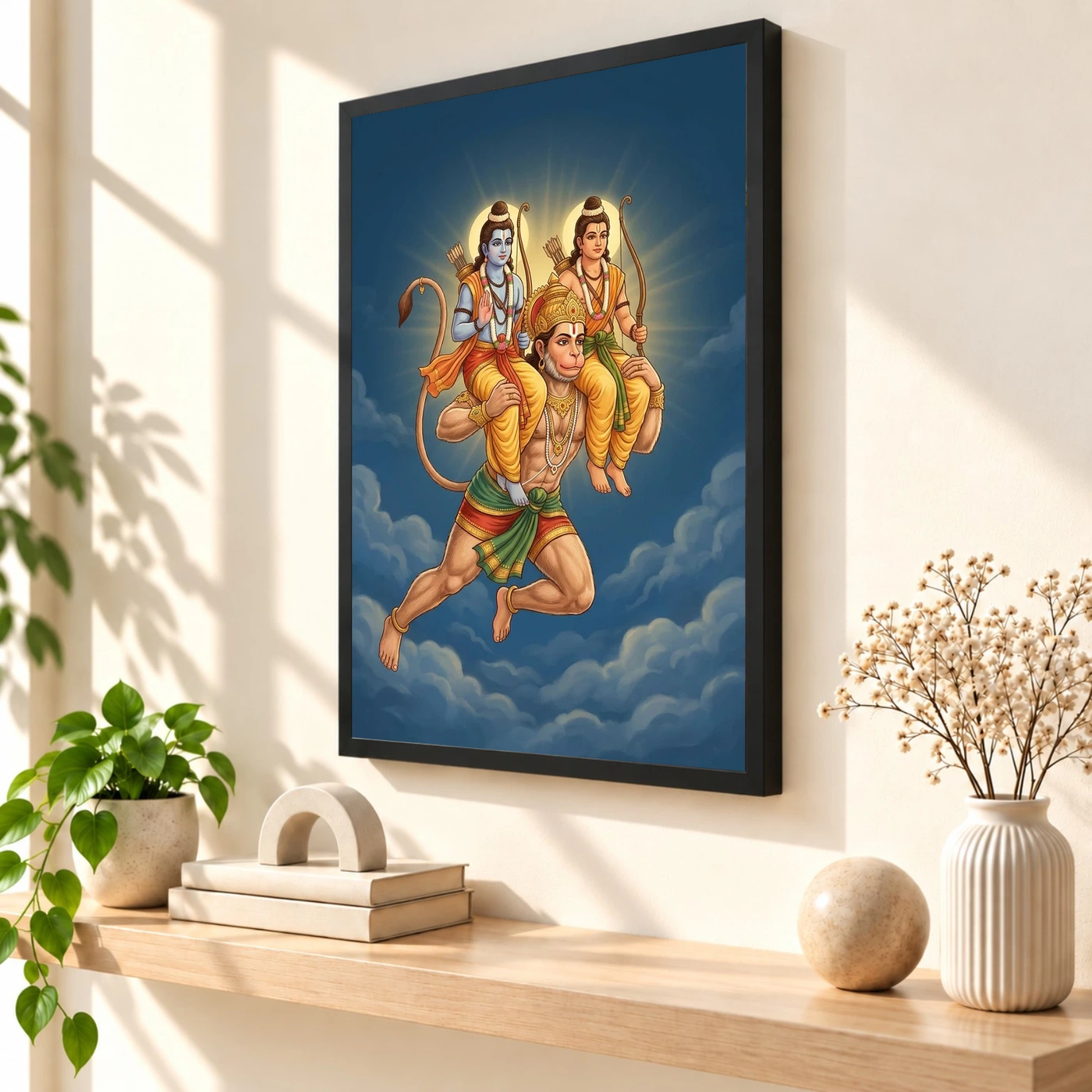 Hanuman Carrying Ram Laxman Flying Blue Sky Devotional Art Photo Frame, view 2