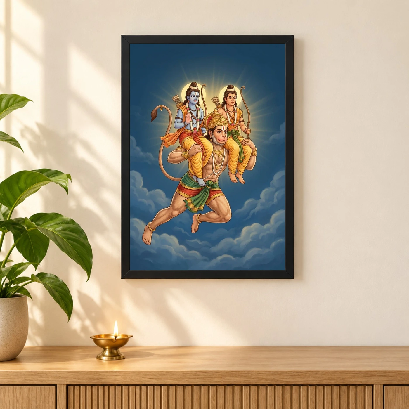 Hanuman Carrying Ram Laxman Flying Blue Sky Devotional Art Photo Frame, view 3