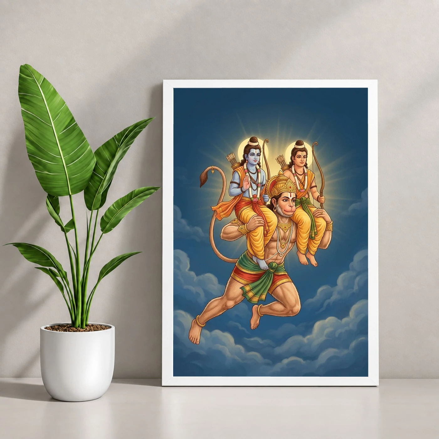 Hanuman Carrying Ram Laxman Flying Blue Sky Devotional Art Photo Frame, view 4